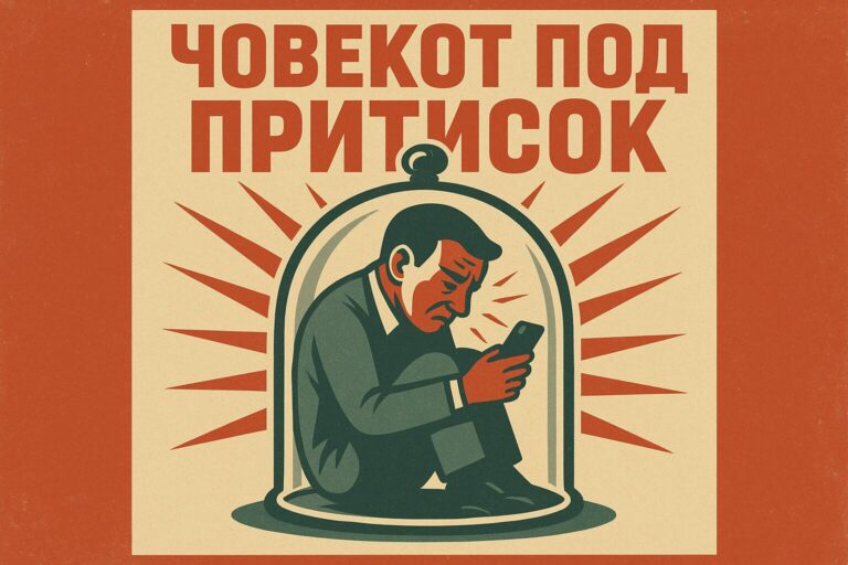 Човек под стаклено ѕвоно со мобилен телефон, во стил на пропаганден постер од 50-тите – симбол на современиот притисок и неможноста да се дише.