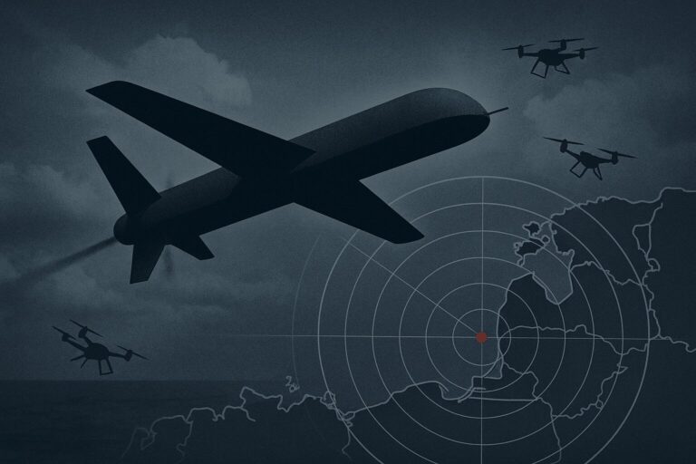 Техничка илустрација на руски воен дрон во лет над облаци, со радарски линии и мапа на Украина во позадина, во темно-сиви и сини нијанси со оранж акцент.