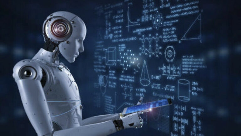 Илустрација на човек кој разговара со AI-систем со предупредувачки знак за безбедност