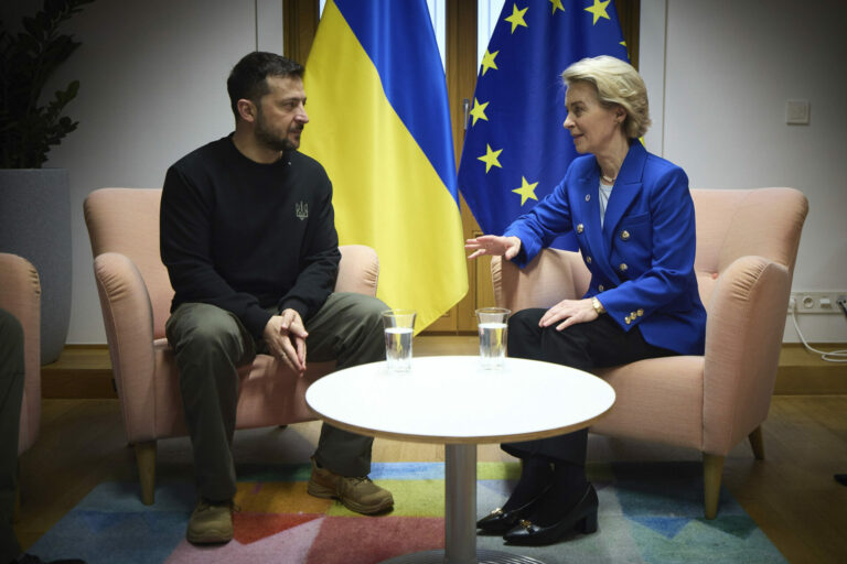 December 19, 2024, Brussels, Belgium: Ukrainian President Volodymyr Zelenskyy, listens to European Commission President Ursula von der Leyen, right, during a bilateral meeting on the sidelines of the European Council Summit at the headquarters of the European Union, December 19, 2024 in Brussels, Belgium. (Credit Image: © Ukraine Presidency/Ukrainian Pre/Planet Pix via ZUMA Press Wire)