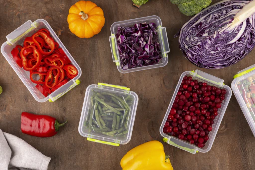 Пластични садови за храна поставени на кујнска маса