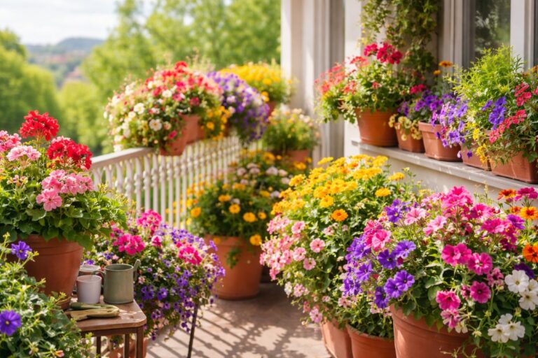 Сончев балкон со балконски цвеќиња во саксии, вклучувајќи сардели, петунии и бегонии, подготвен за пролетната сезона на садење и уредување на балкон